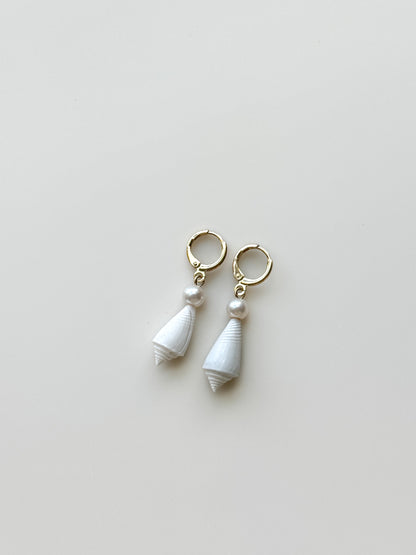 White Seashell and Pearl Hoop Earrings