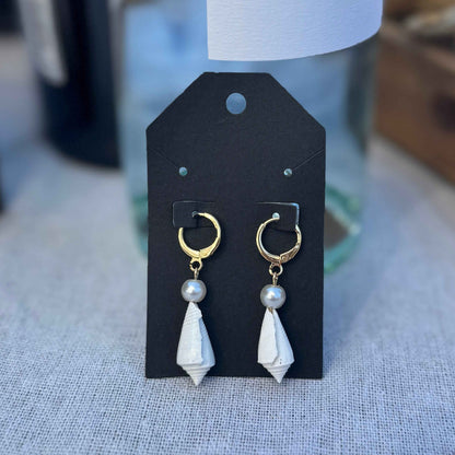 White Seashell and Pearl Hoop Earrings