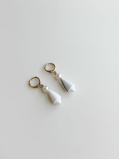 White Seashell and Pearl Hoop Earrings