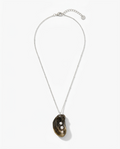 A silver chain necklace featuring a natural mussels shell pendant with three small white pearls, displayed on a clean white background.