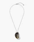 A silver chain necklace featuring a natural mussels shell pendant with three small white pearls, displayed on a clean white background.
