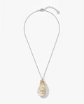 A silver chain necklace featuring a teardrop-shaped pendant made of natural iridescent pearl, shown against a light gray background.