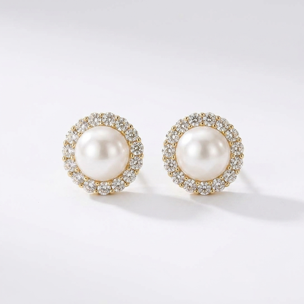 Diamond Pearl Stud Earrings ~ Cameron